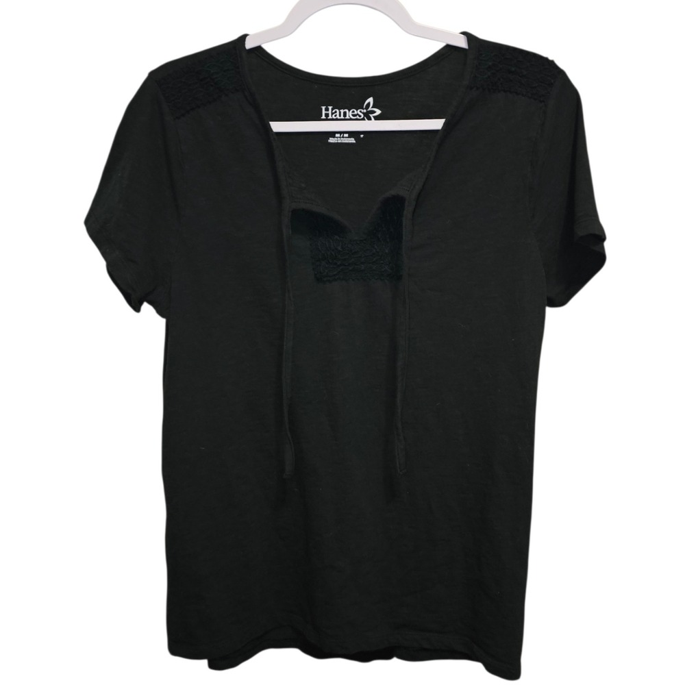 Hanes Lace Trim Tie Front Top Womens Medium Black Excellent Boho Short Sleeve